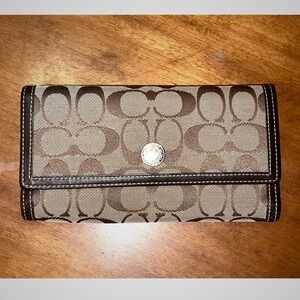 Coach Signature Jacquard Trifold Wallet Khaki Mahogany Brown Leather Long Wallet